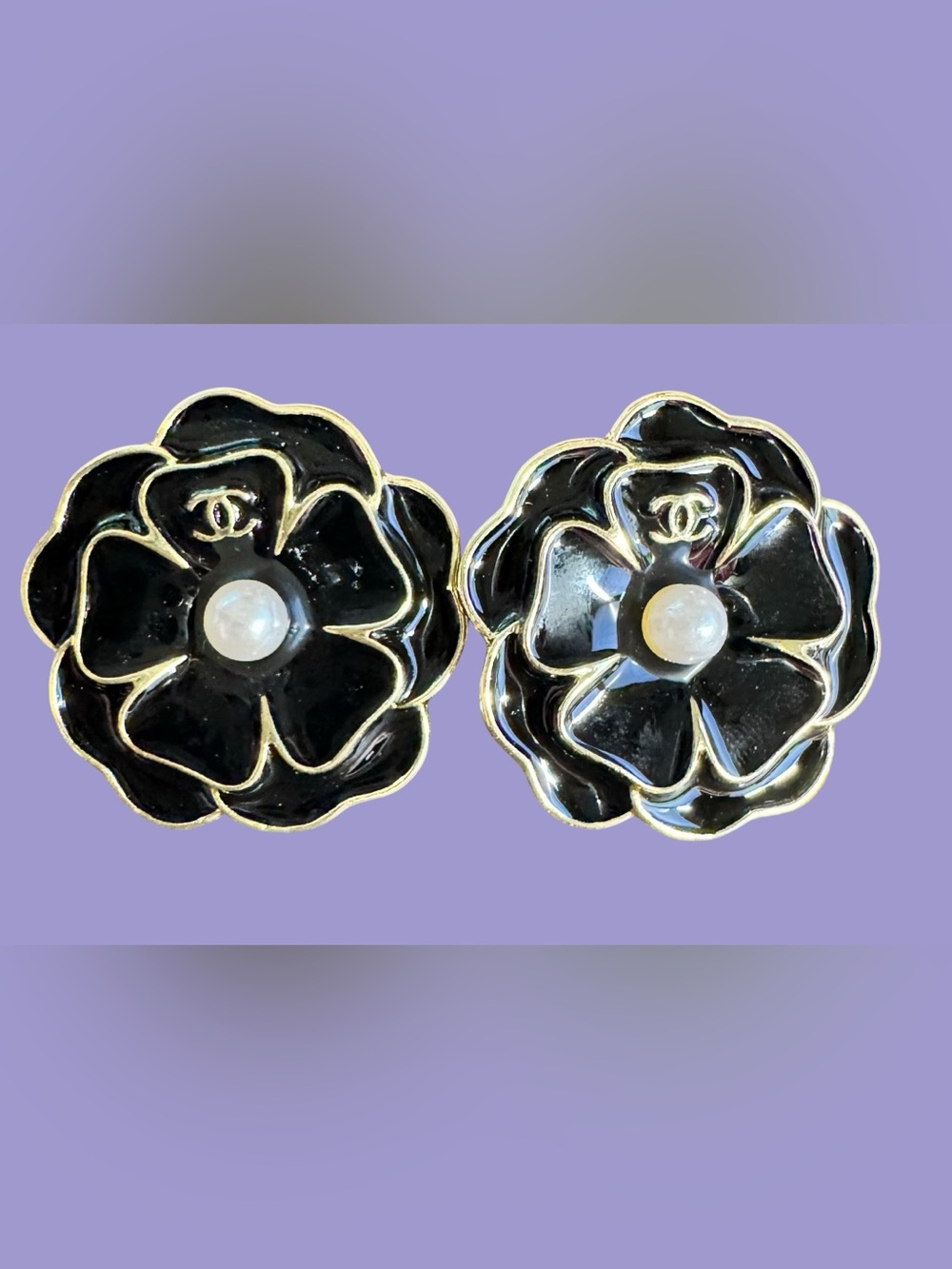 Black Enamel Camellia Pearl-Accent Earrings